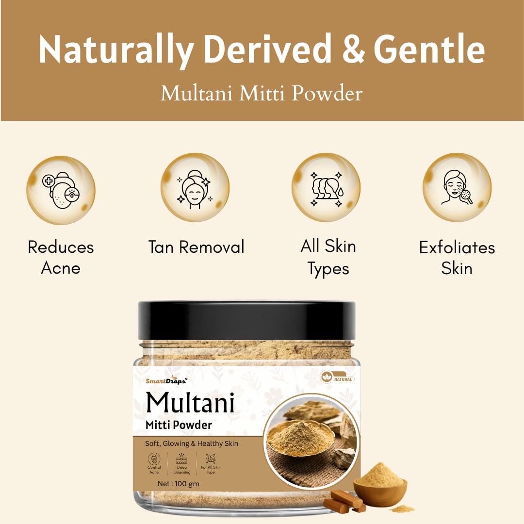 Smartdrops Multani Mitti Powder for Face | MultaniMitti Powder | face Multani Mitti Powder | Multani - Mitti powder for FacePack | Smoothening Face, Skin and Hair - 100g (Pack 1)