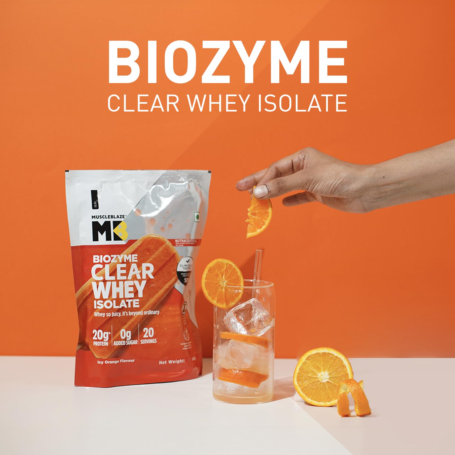 MuscleBlaze Biozyme Clear Whey Protein Isolate | 20g Protein, 92 Calories, Zero Added Sugar (Icy Orange Flavour, 20 Servings)