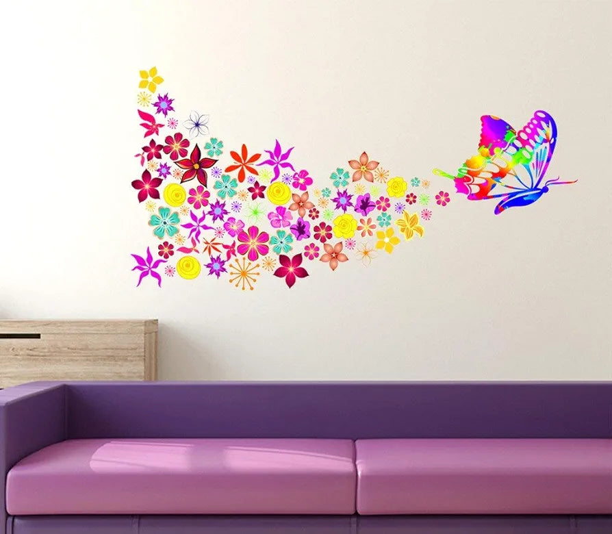Decals Design Butterfly with Colorful Flowers Blowing' Wall Sticker