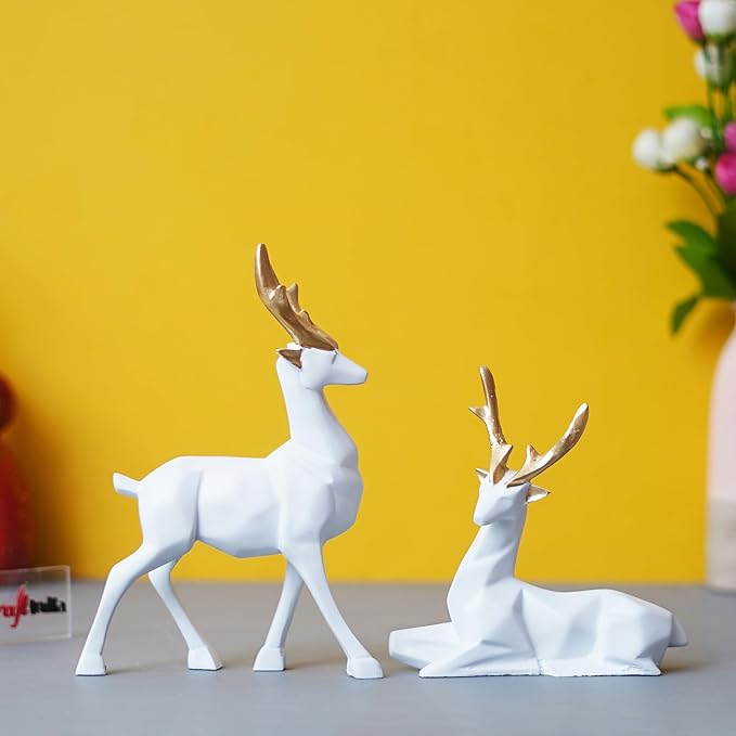 Ecraftindia Set of 2 Golden & White Reindeer Statues Animal Figurines Decorative Showpieces