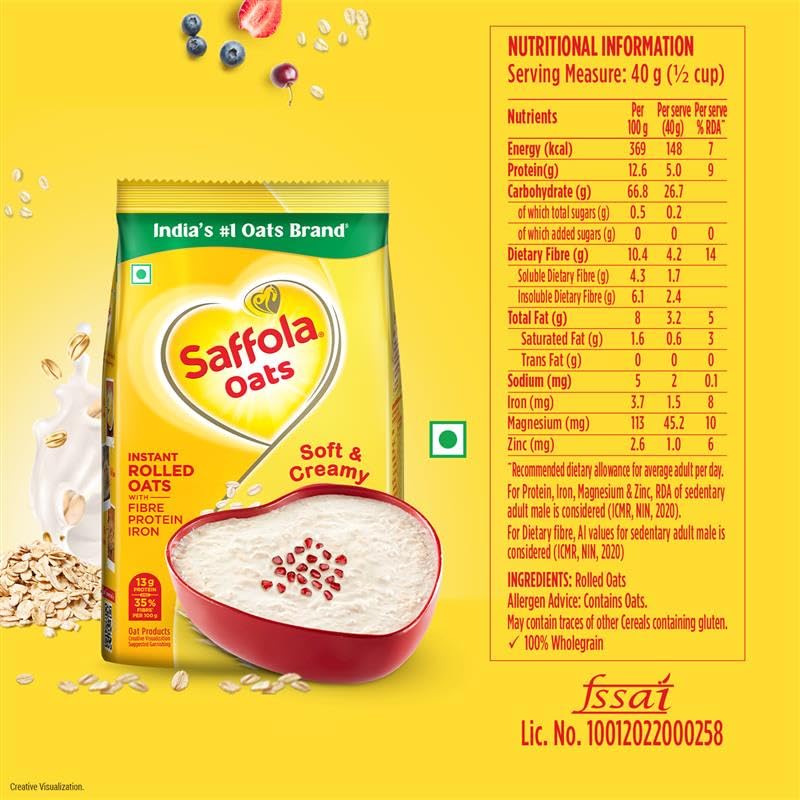 Saffola Oats | 1kg | Instant Rolled |Soft & Creamy |Power of Protein, Iron & Fibre | Nutritious grain[weight may vary]