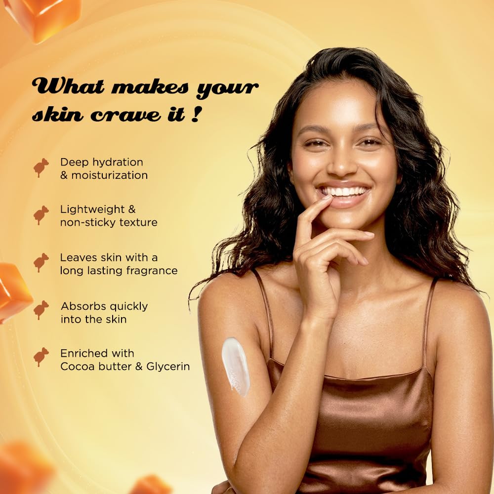 BELLAVITA Caramel Crush | Perfume Body Lotion for Man and Woman | Long-lasting Hydration | Soft & Smooth Skin | Long-lasting Scent | Paraben-free | Infused with Cocoa Butter & Glycerin | 250ml