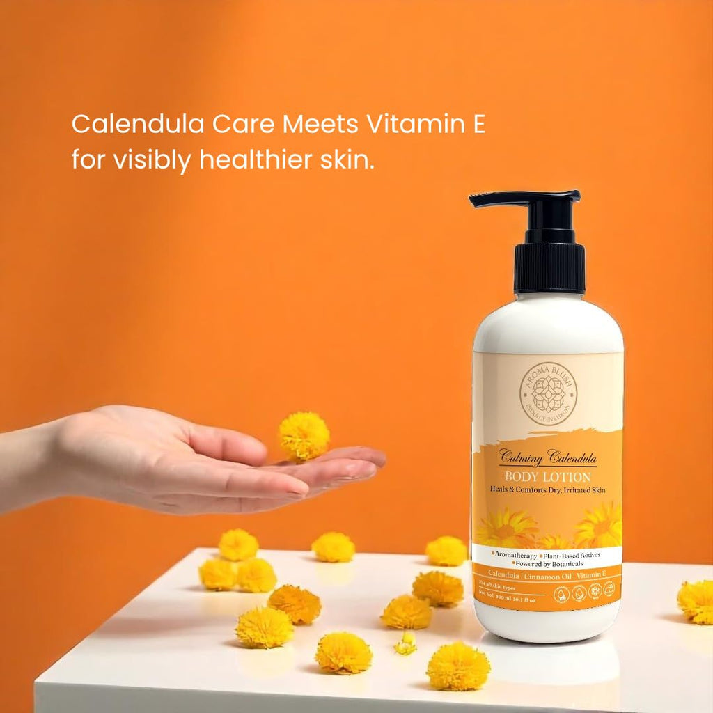 Aromablush - Calming Calendula Body Lotion | Calendula Oil, Cinnamon Oil, Vitamin E | Soothes & Heals | Deep Hydration & Fast Absorbing|Non-Greasy|Gentle|Natural Formula for Dry & Sensitive Skin|300ml