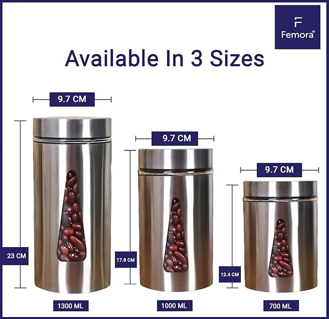 Femora Kitchen Storage Jars Steel Finish With See Through Window Jar | 1000 Ml | Pack of 3 | Silver