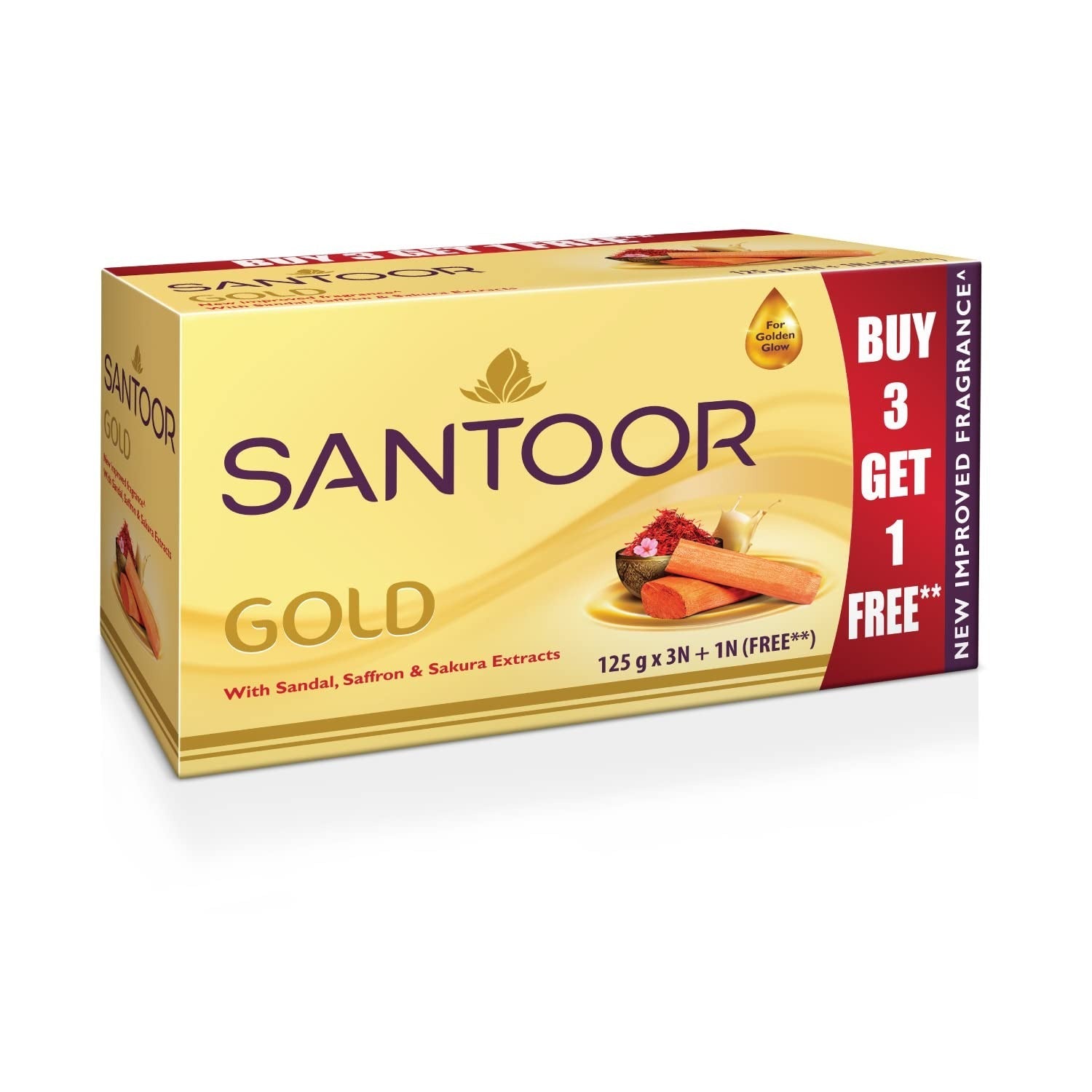 Santoor Gold Bathing Bar Soap with Kashmiri Saffron Sandal & Sakura Extracts - 125 gms (Pack of 4)