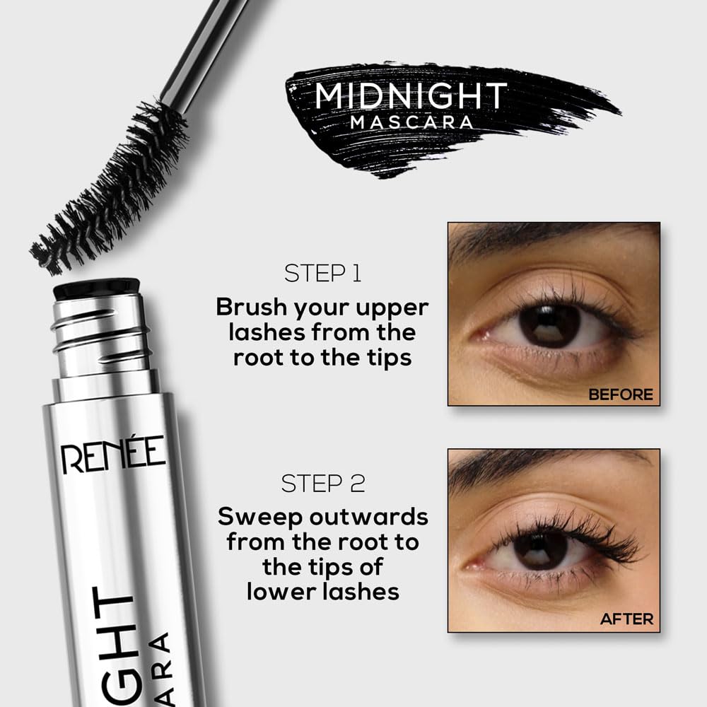 RENEE Midnight Mascara with Unique 360-Degree Wand | Darkest Black | Clump-Free | Long-Lasting Formula | Volumizes | Lengthens | Nourishes | Infused with Vitamin E | 8ml
