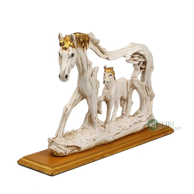 Indicast Resin 8" Inch Action Handmade Vintage Horse Statue With Baby Horse Antique Finish Animal Figurines Gifts | White