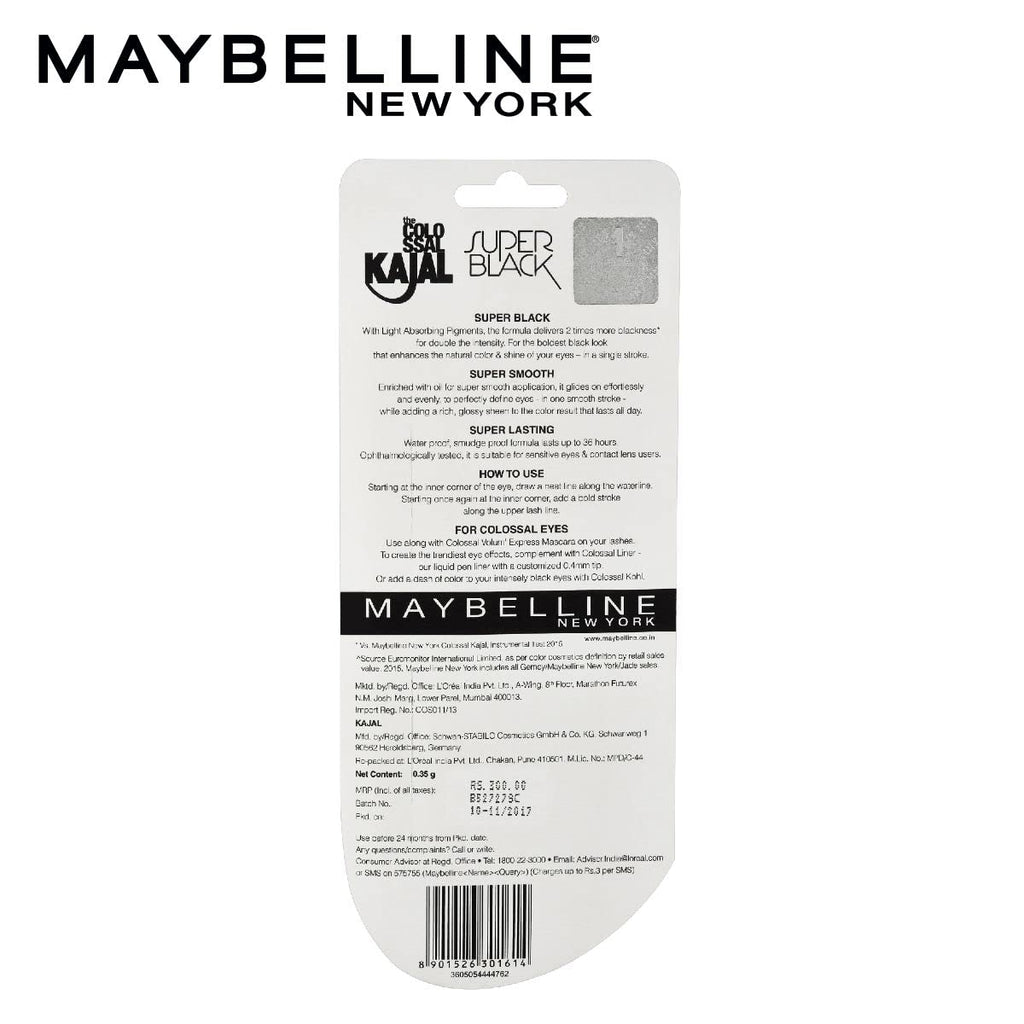 Maybelline New York Matte Kajal Cream, Super Black, Intense Colour, Sharp Definition, Long-Lasting, Colossal Kajal, 0.35G