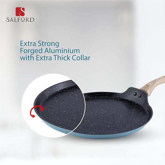 Salford by Ucook Forged Non-stick Tawa With Soft Touch Wooden Handle, Induction & Gas Ready | Black Spatter Dusty Blue | 280mm