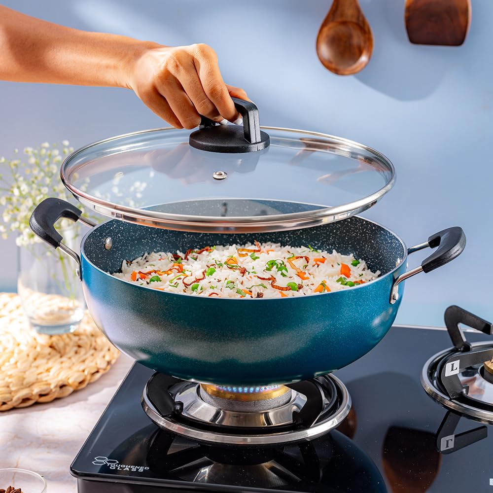 Borosil Prochef Non-stick Aluminum Kadhai With Lid 26 Cm | Gas Stove Compatible | Thick Uniform Body for Even Heating | Dishwasher Safe