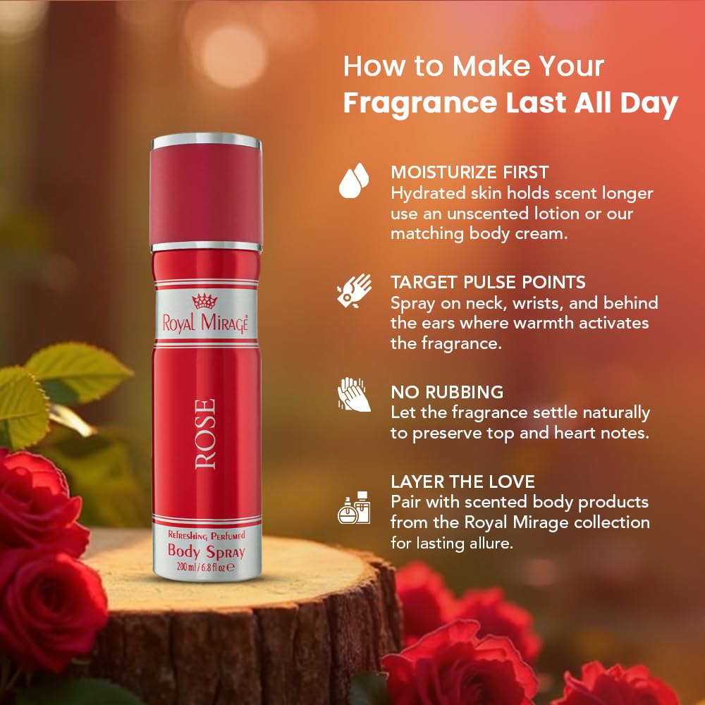 Royal Mirage Rose Body Spray | Perfume for Women | Floral & Fruity Fragrance | Long-Lasting Scent | Peach, Rose & Vanilla Notes | Romantic & Feminine Scent | Birthday Gift for Women | 200ml