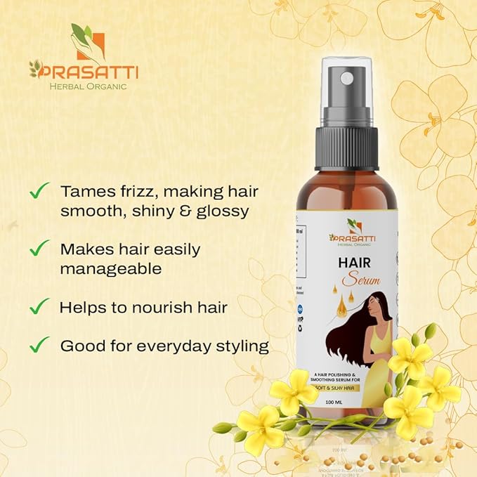 Prasatti Herbal Organic Hair Serum for Silky & Smooth Hair | Instant Shine & Smoothness | 100 Ml