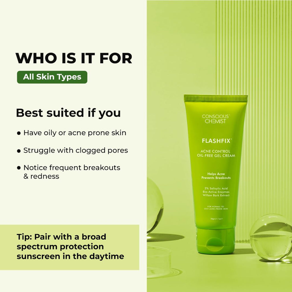 Conscious Chemist® 2% Salicylic Acid Cream | 50g | Acne Spot Corrector | Moisturizer for Oily Acne Prone Skin, Face Cream for Men & Women, Overnight Acne & Oil Control, Itchiness & Redness, Non greasy Gel Cream - Flashfix