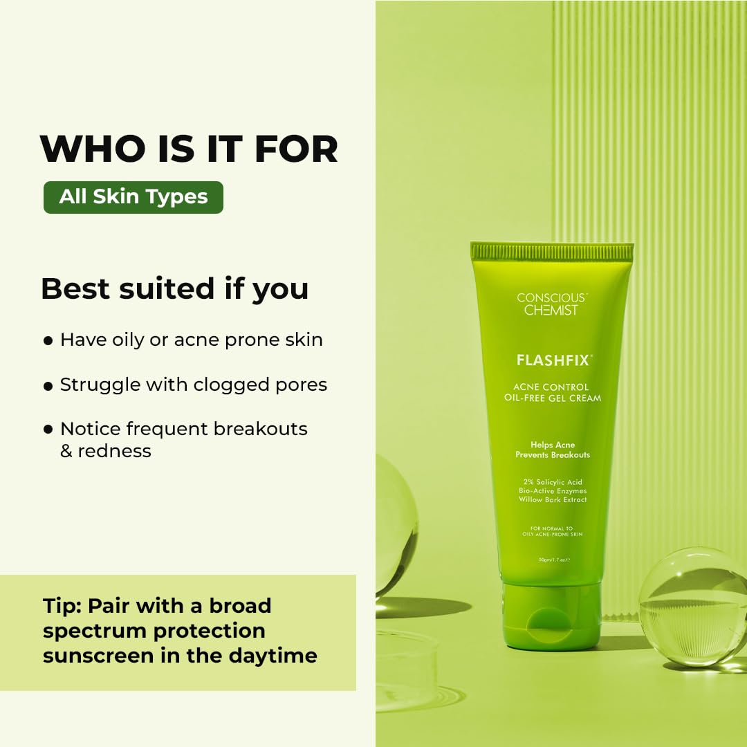 Conscious Chemist® 2% Salicylic Acid Cream | 50g | Acne Spot Corrector | Moisturizer for Oily Acne Prone Skin, Face Cream for Men & Women, Overnight Acne & Oil Control, Itchiness & Redness, Non greasy Gel Cream - Flashfix