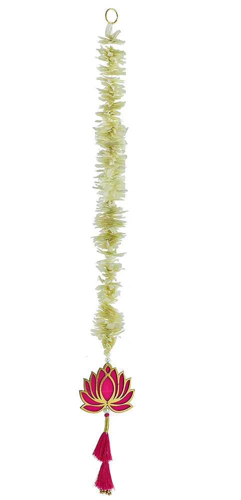 Handmade Artificial Mogra Garland with Lotus Hanging for Decoration White Flower Strings with Pink Lotus & Tassel