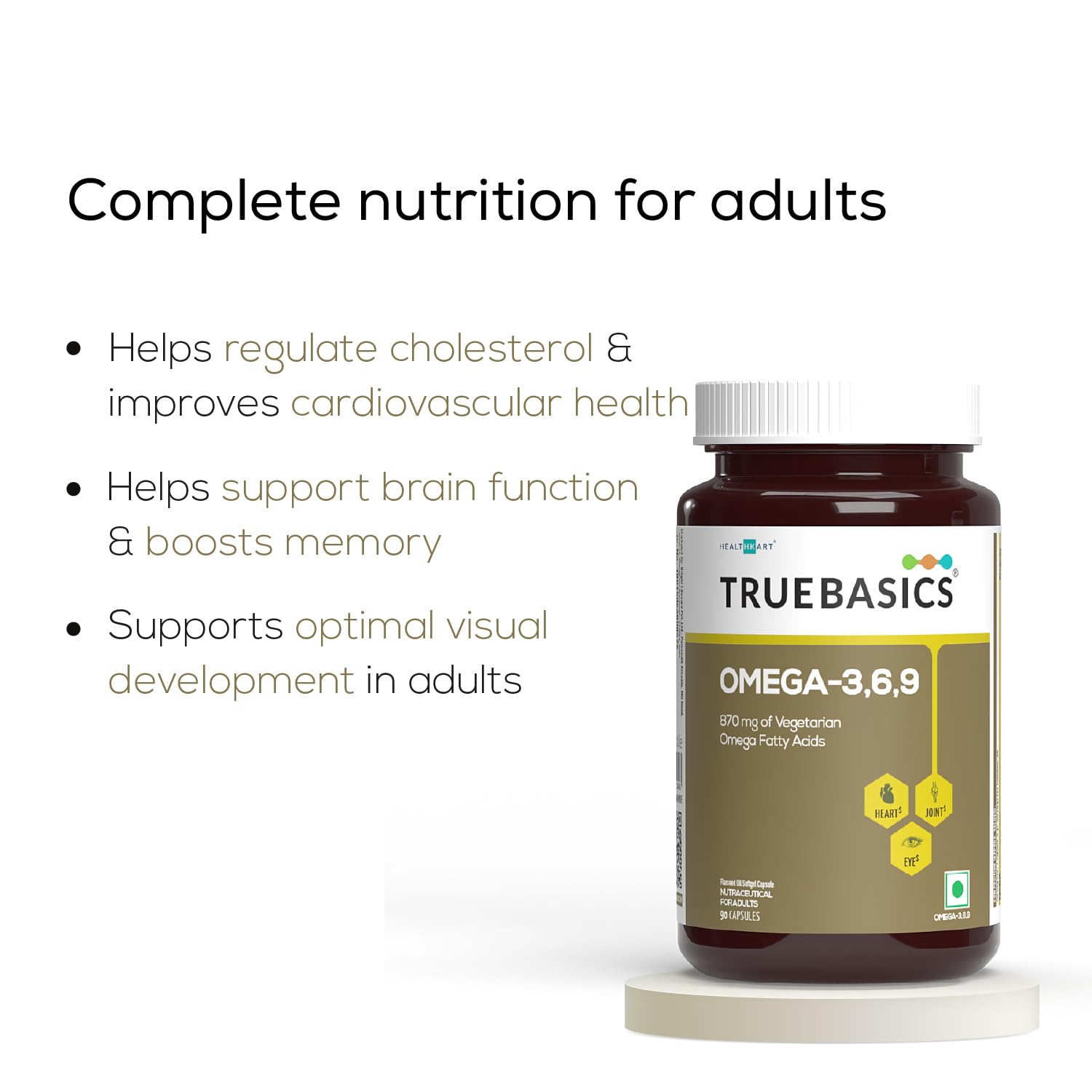 TrueBasics Omega-3,6,9 (90 Capsules) | 870mg of Vegetarian Omega Fatty Acids | With Clinically Researched Ingredient | For Healthy Heart, Hair, Skin, Joints, Brain, & Eyes, 190 grams