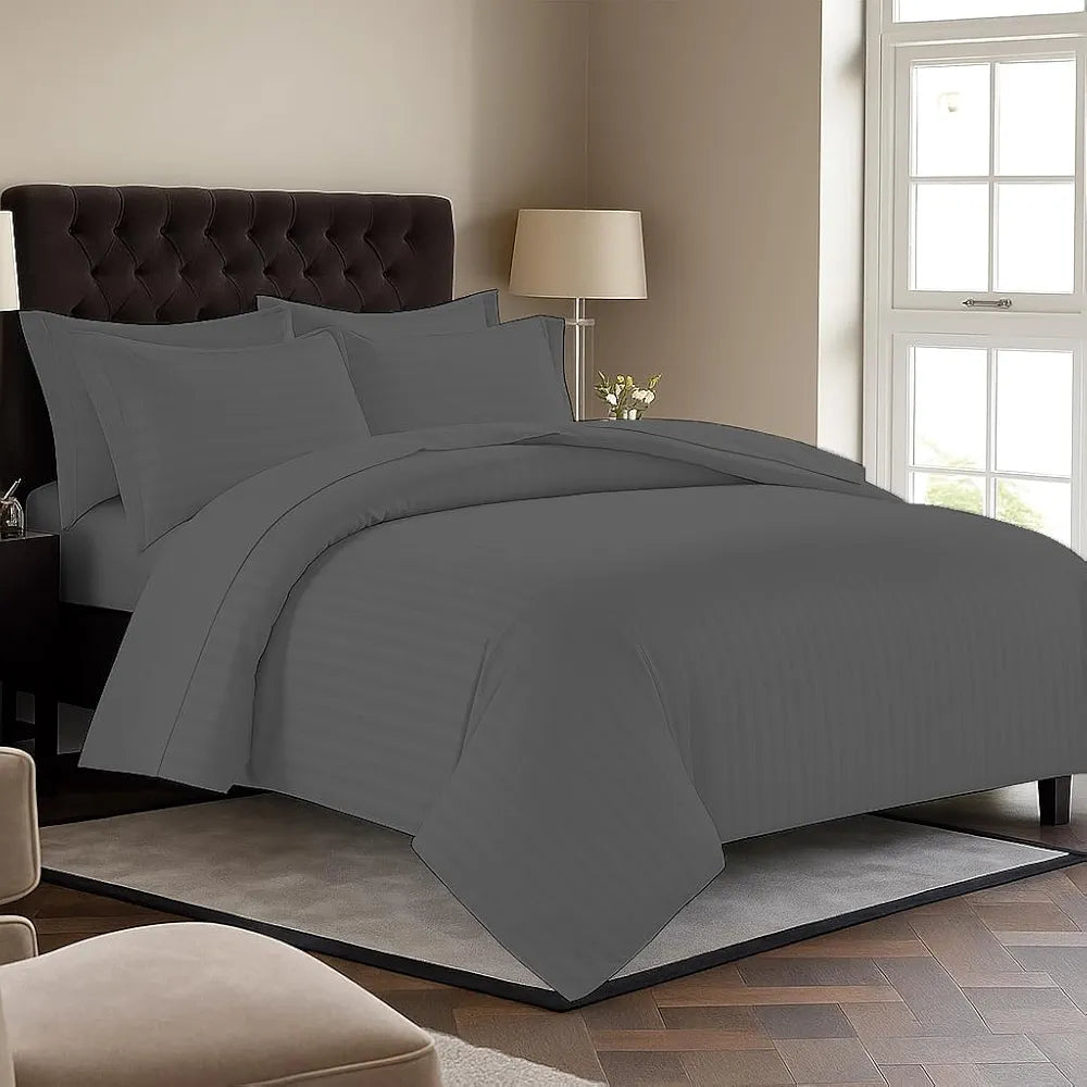 Trance Home Linen Zippered 100% Cotton 200 TC Satin Stripe Queen Duvet Cover Quilt Cover with 2 Pillow Covers Colour Dark Grey