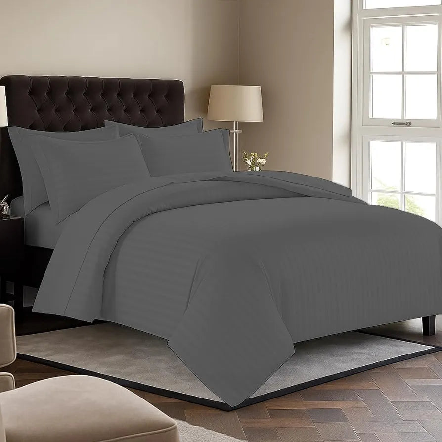 Trance Home Linen Zippered 100% Cotton 200TC Satin Stripe King Size Duvet Cover Quilt Cover Blanket Cover Razai Comforter Cover with 2 Pillow Covers  Colour Steel Grey
