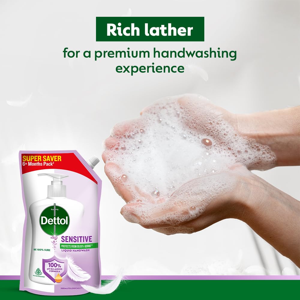 Dettol Liquid Hand wash Refill, Sensitive, 675ml | pH Balanced | 10x Better Germ Protection