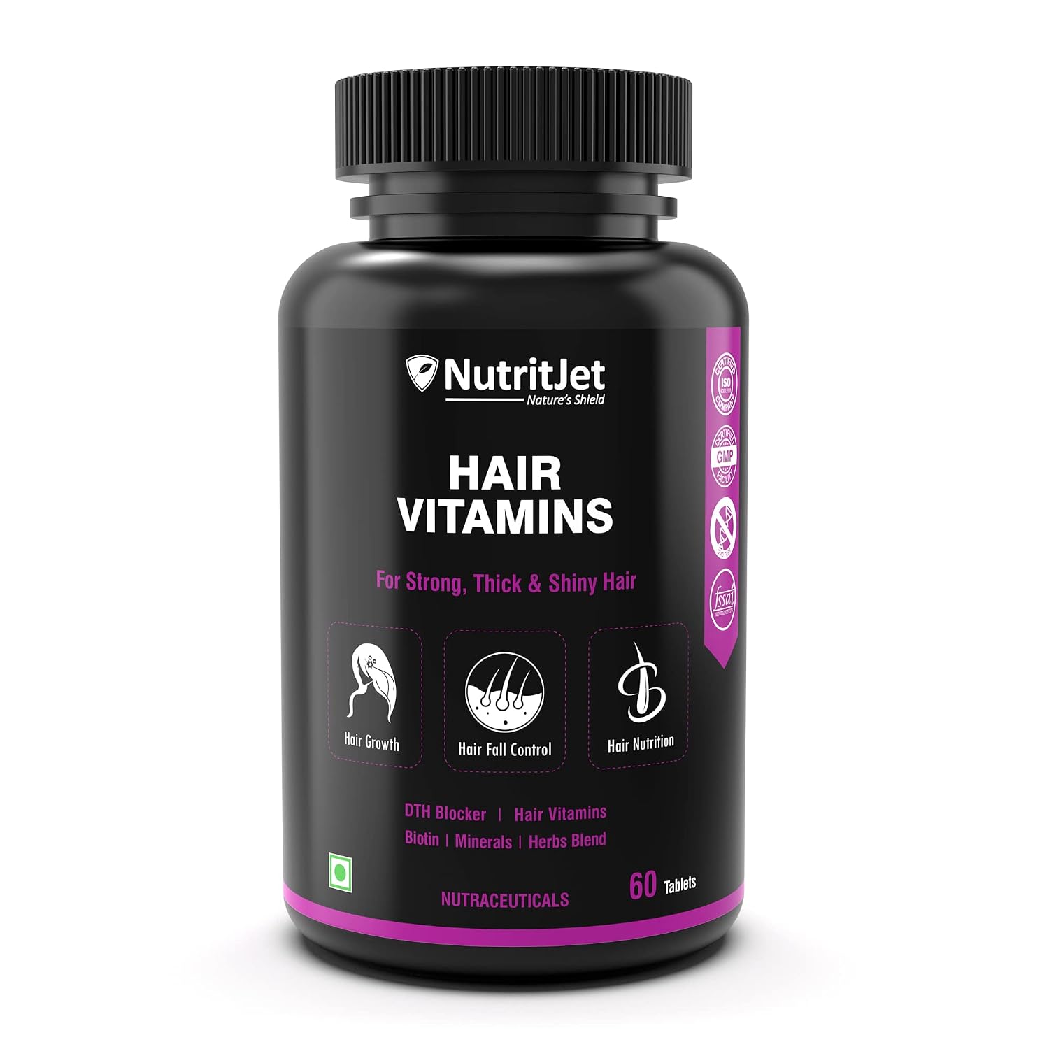 NutritJet Hair Vitamins With DHT Blocker, Biotin, Vitamin E, B3, Calcium & Zinc for Better Hair Growth & Hair fall Control For Women & Men, 60 Veg Tablets