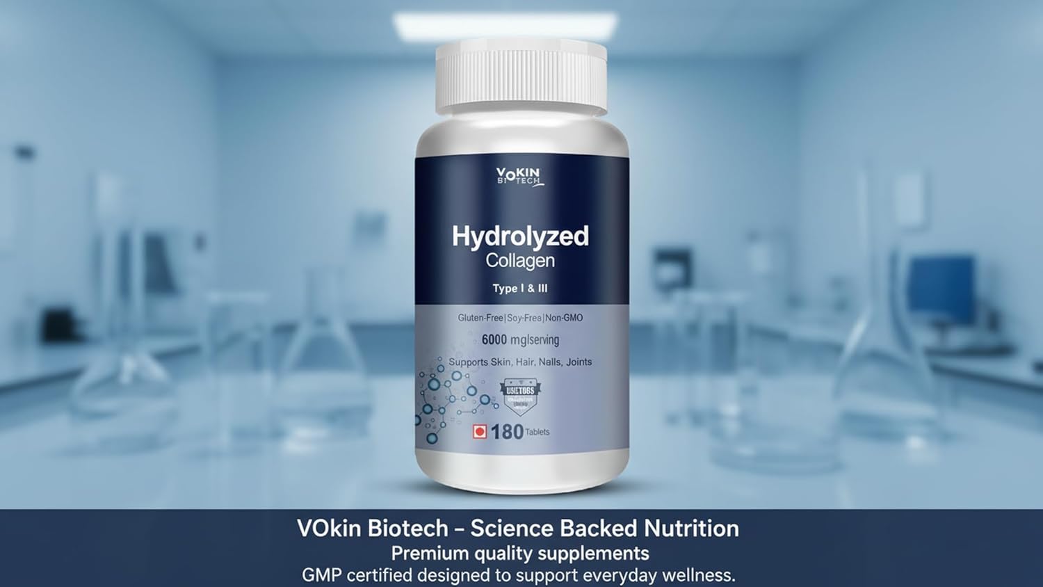 Vokin Biotech Hydrolyzed Collagen Peptides 6000 Mg With Type 1 & 3 Supports Skin,Hair,Nails & Joints (180 Capsule),1 Count