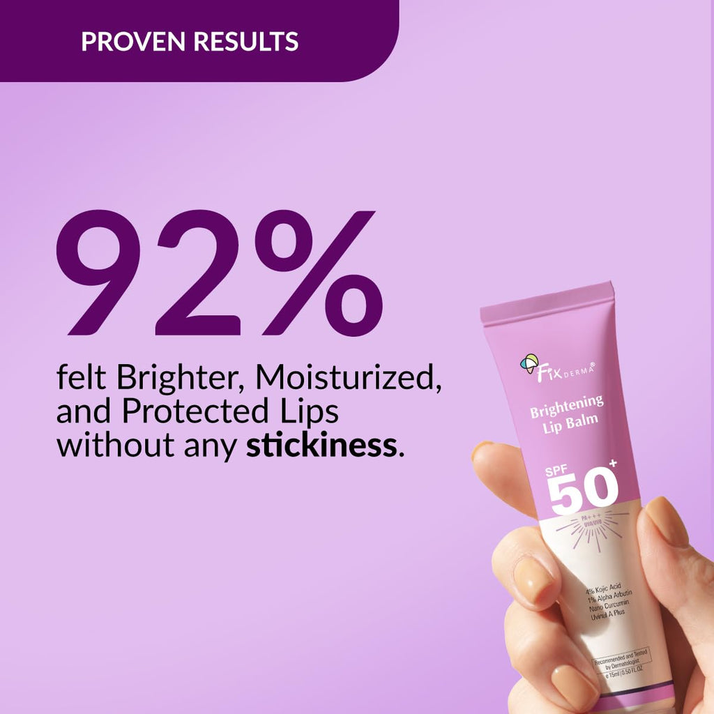 Fixderma Brightening Lip Balm With SPF 50 PA+++ for Pigmented & Dry Lips | 4% Kojic Acid, 2% Alpha Arbutin | Moisturizes, Hydrates & Brightens Pigmented Lips | For Men & Women - 15ml