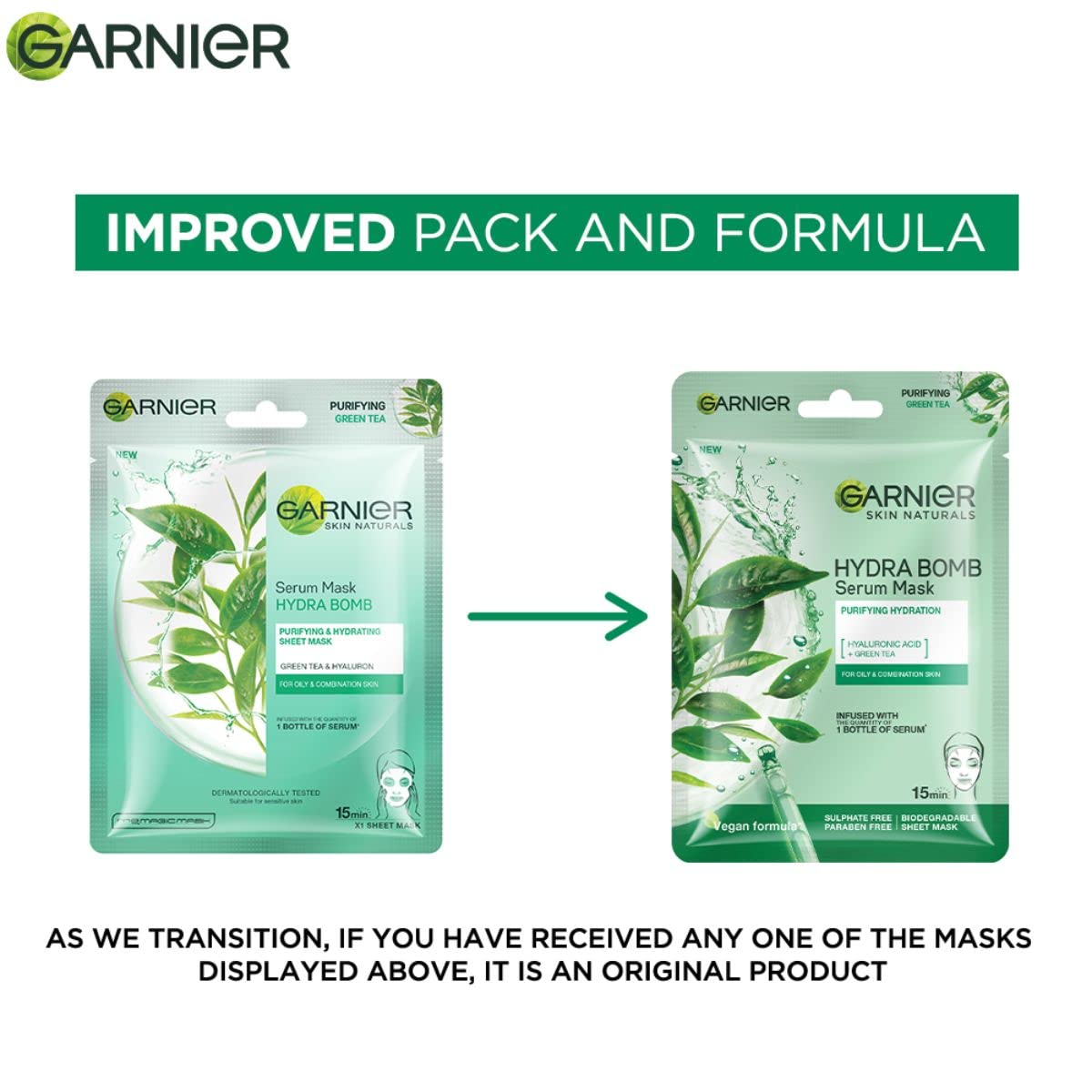 Garnier Skin Naturals, Serum Mask, Purifying & Pore Reducing, Hydra Bomb Green Tea Mask, 1 pc, 28g