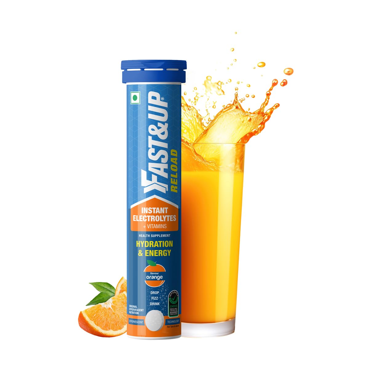 Fast&Up Reload (5 Litres) Low Sugar energy drink for Instant Hydration - 20 Effervescent Tablets with all 5 Essential Electrolytes + Added Vitamins - Certified Electrolytes Drink - Orange flavour