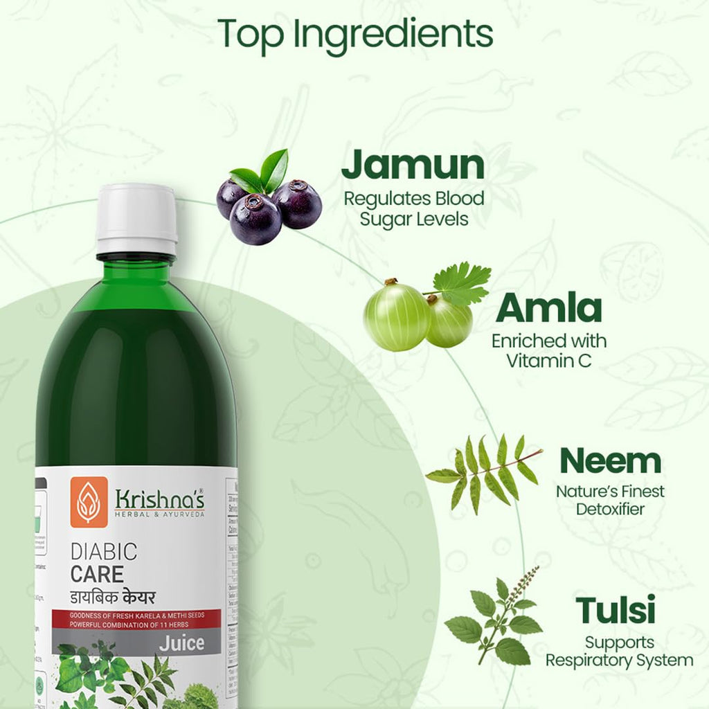 Krishna's Diabic Care Juice - 1L | Clinically Proven Diabetic Care | Blend of 11 Herbs Methi, Amla, Karela, Jamun, Kutki, Guduchi & 5 Other Herbs to Manage Sugar Levels, Clinically Proven