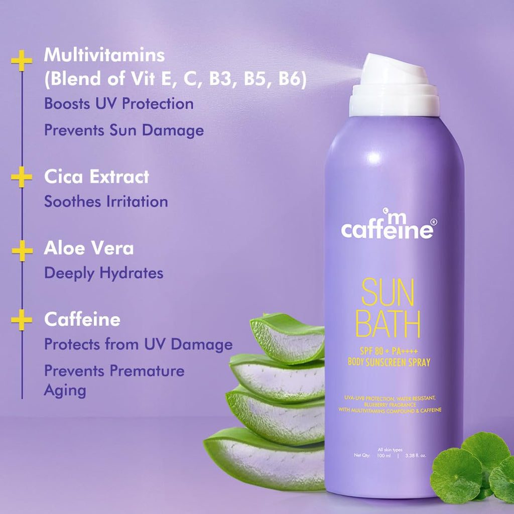 mCaffeine Sun Bath SPF 80+ PA ++++ Body Sunscreen Spray | High UV Protection | Invisible, Non-Greasy, 180 Mins Water/Sweat Resistant Cooling Spray| For All Skin Types | Blueberry Fragrance -100ml