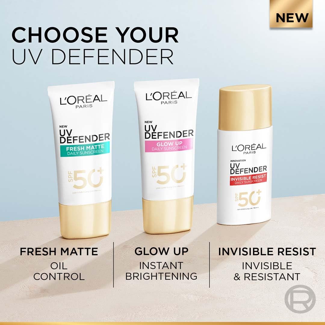 L'Oreal Paris Uv Defender Invisible Resist Daily Sunscreen Spf50+ Pa++++ 50Ml |All Skin Lightweight, Waterproof, Sweatproof & Protects From Pollution & Dust
