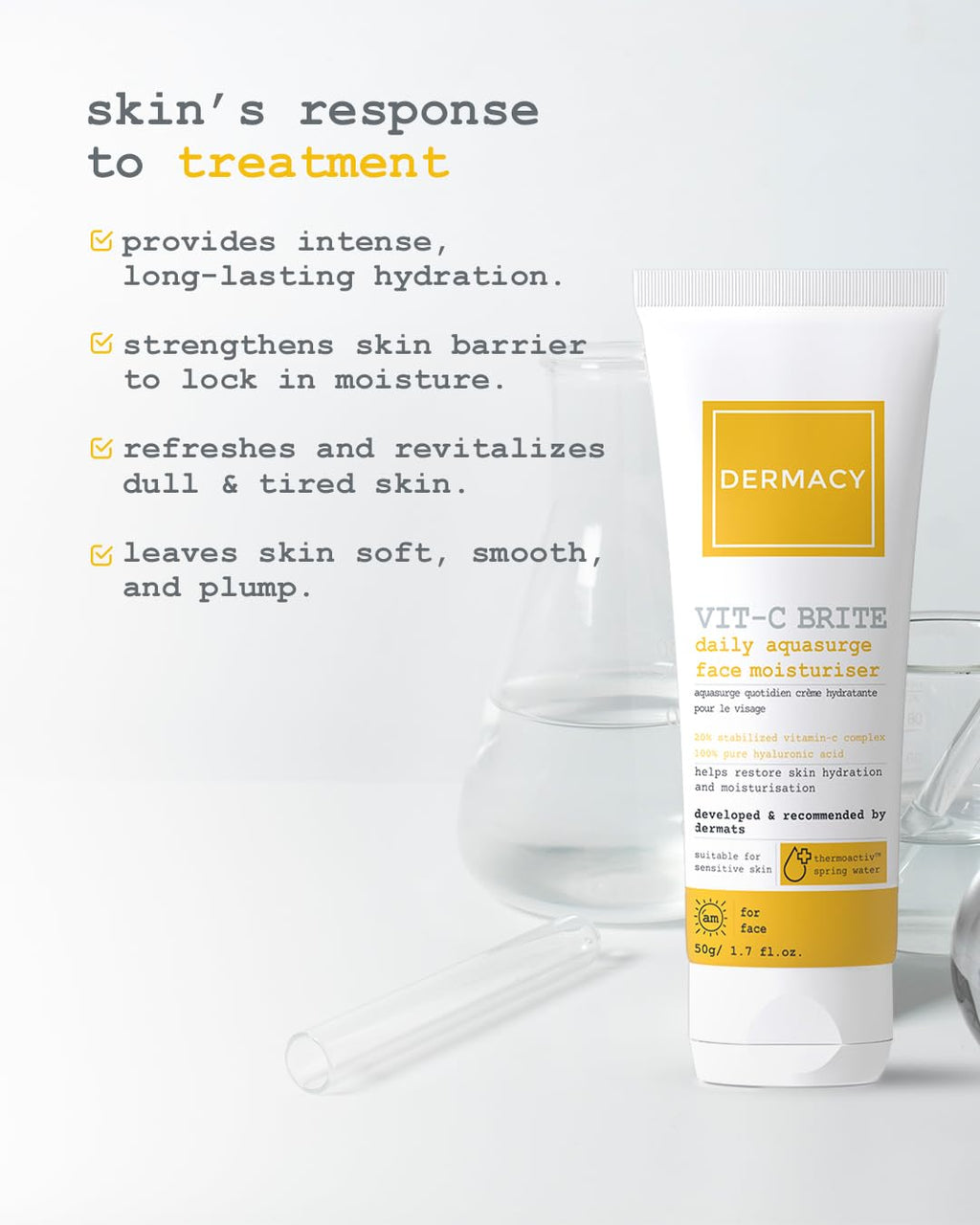 Dermacy Vit - C Brite Daily Aquasurge Face Moisturiser | Restores Skin Hydration and Moisturisation | 20% Stabilized Vitamin - C Complex + 100% Pure Hyaluronic Acid + ThermoActiv Spring Water | Suitable for All Skin Types | 50g