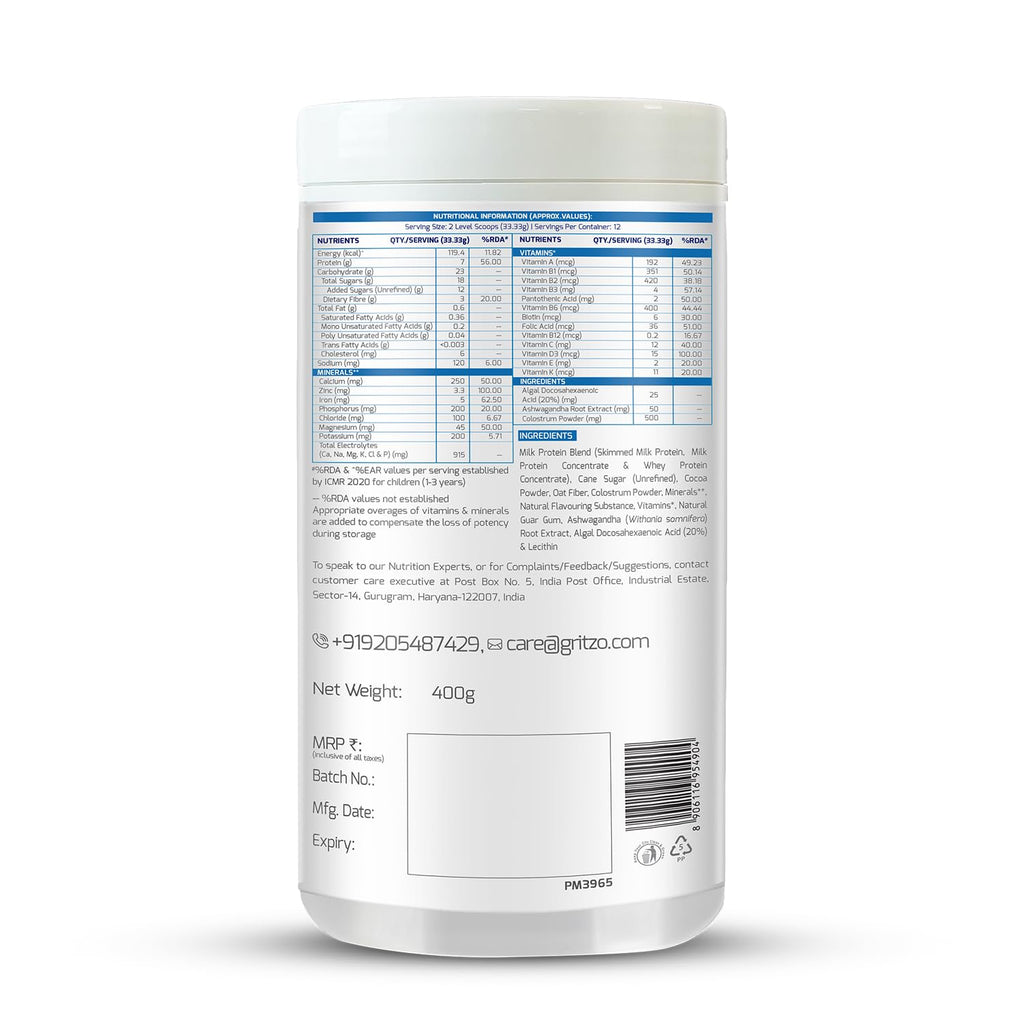 Gritzo SuperMilk Height+ (2-6y), 7g Protein Powder (Double Chocolate, 400g) | Zero Refined Sugar, 21 Vitamins & Minerals