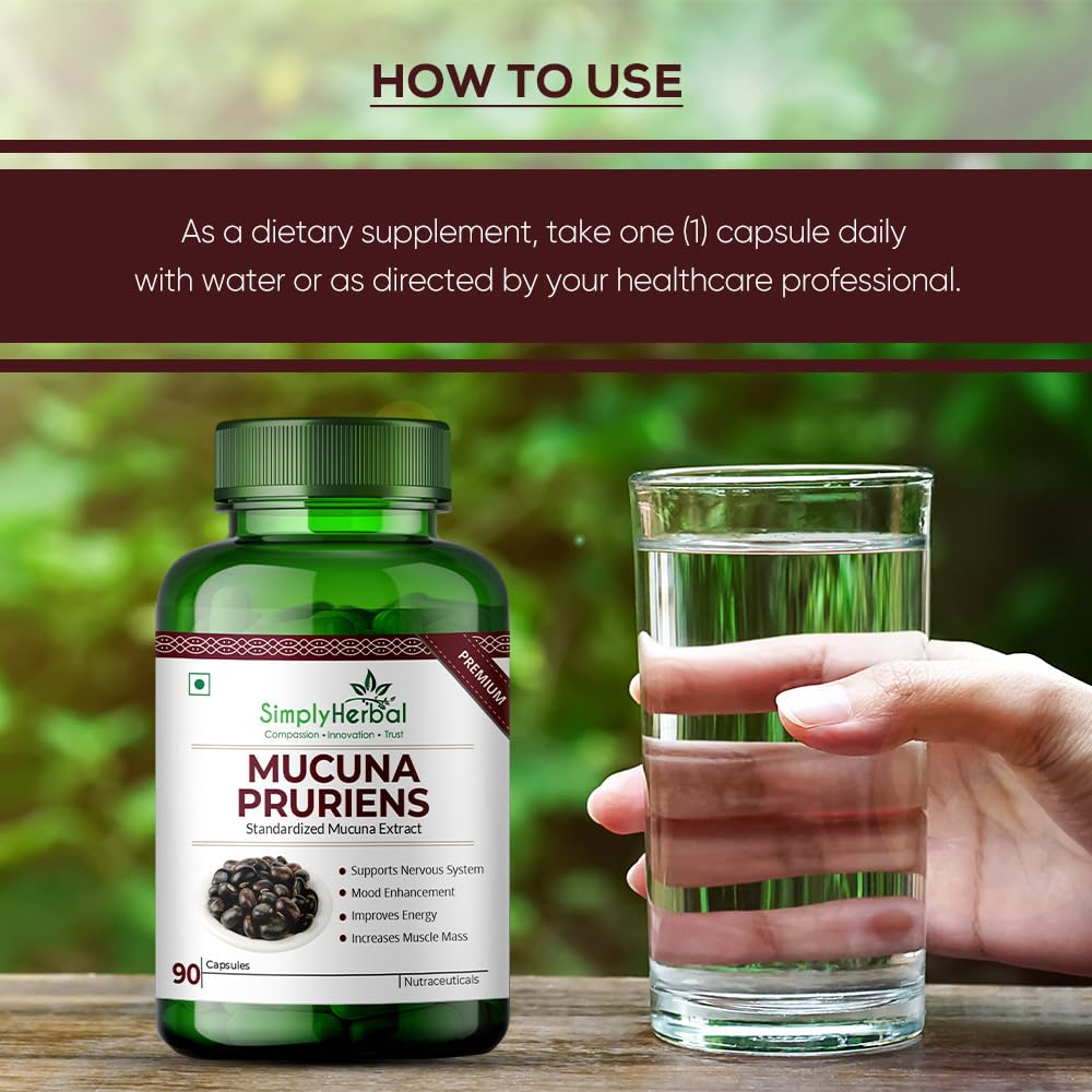 Simply Herbal Mucuna Pruriens Kapikachhu Extract Supplements 500mg, Black Kaunch Beej Dopamine Booster Complex Natural L-Dopa for Brain, Nervous & Immune System- 90 Capsules