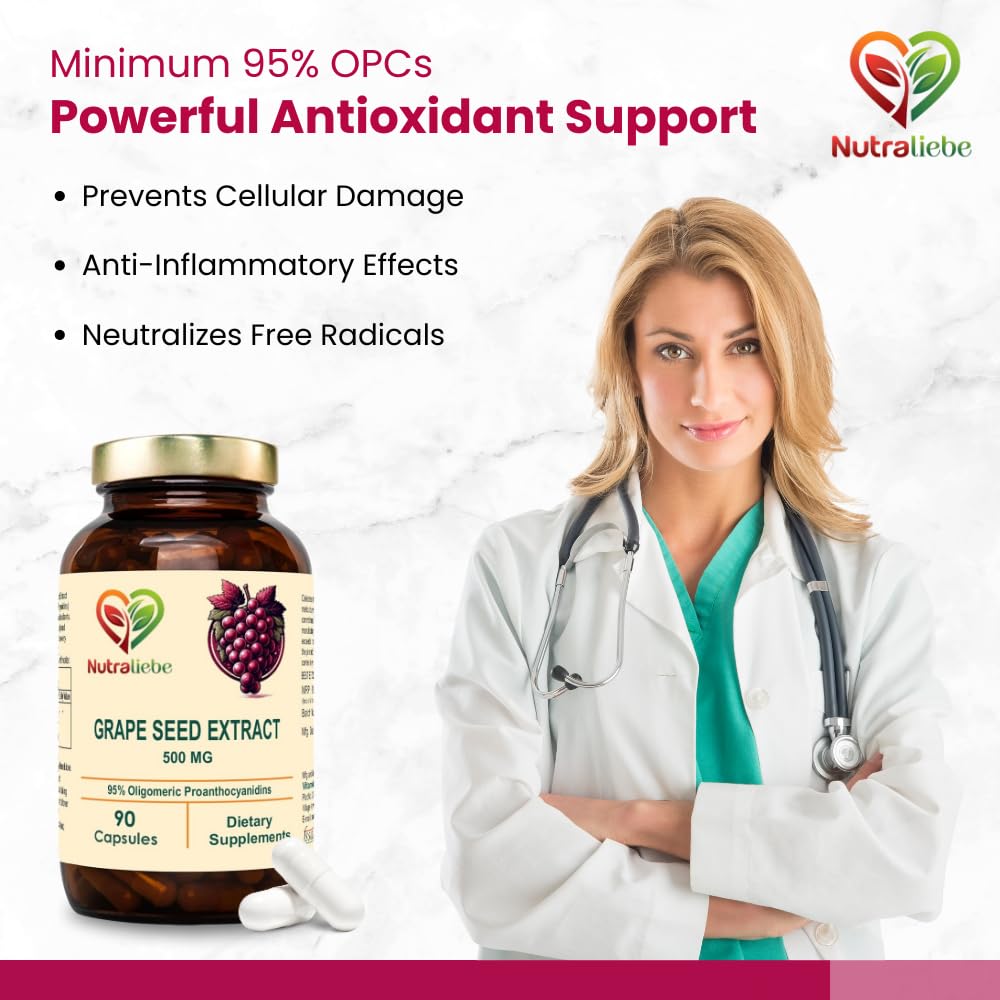 Nutraliebe OPC Grape Seed Extract Capsules - Minimum 95% OPCs, Powerful Antioxidant Support, 90 Capsules