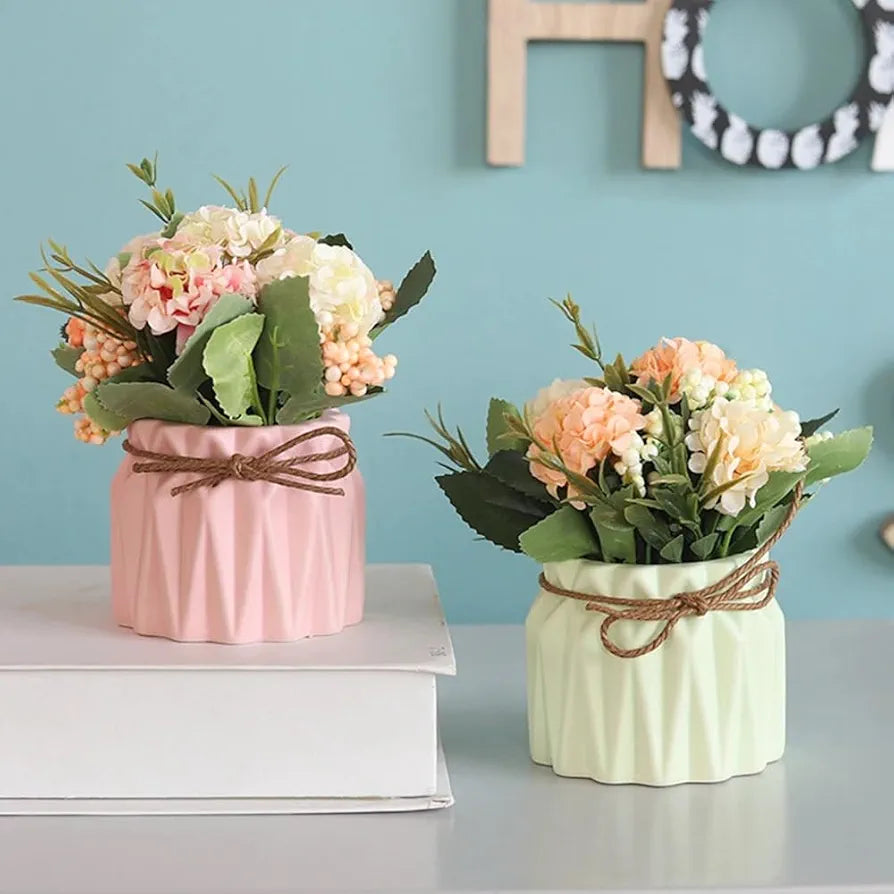 Artificial Flower with Ceramic Vase Hydrangea Bouquet Fake Flower Arrangements