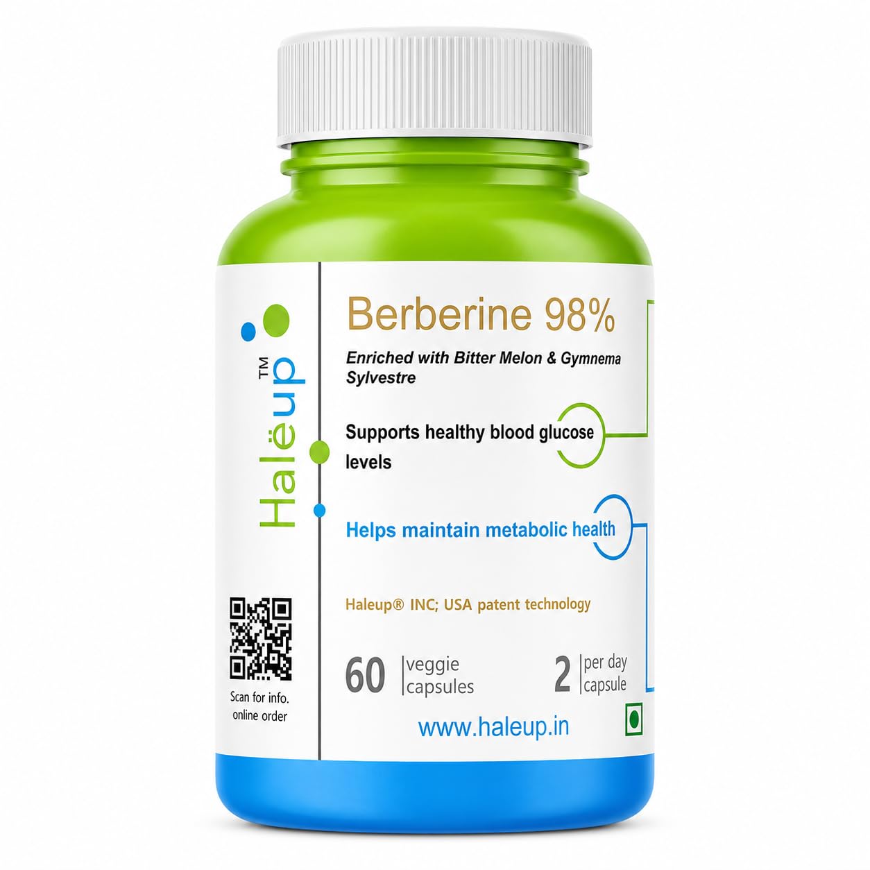 Haleup Berberine 98% high bioavailability 6-in-1 with Bitter Melon Extract, 60 capsules, Chromium Picolate and Vitamin B12 | Berberine Capsules 400 mg