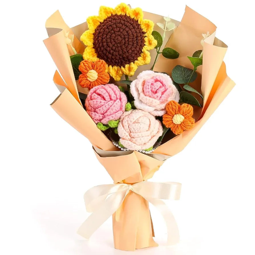 Fabric Handmade Crochet Flowers Bouquet Sunflowers & Roses