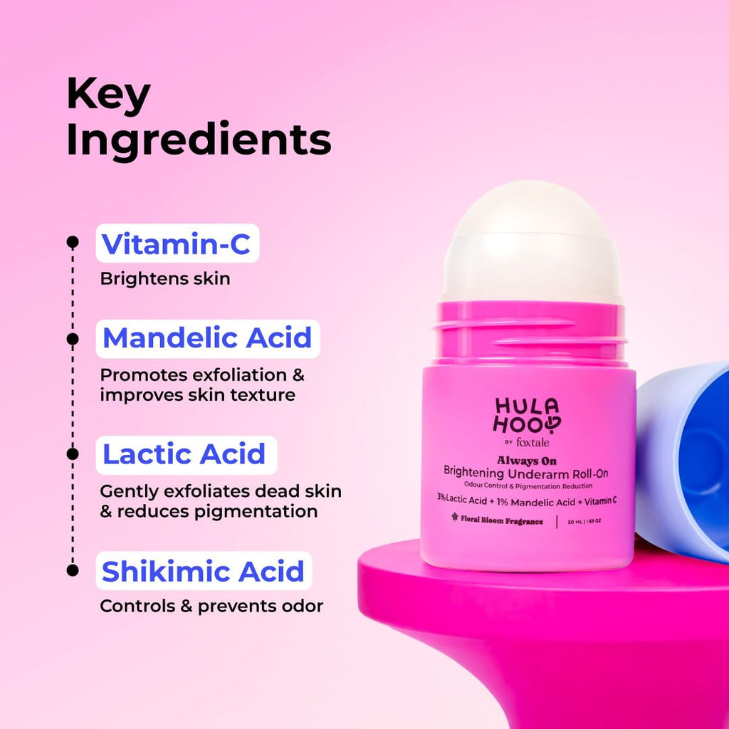FoxTale Hula Hoop Brightening Underarm Roll-On by Foxtale | 5% Vitamin C + AHAs | Brightens Underarms & Controls Odour | Floral Bloom Scent | 50ml
