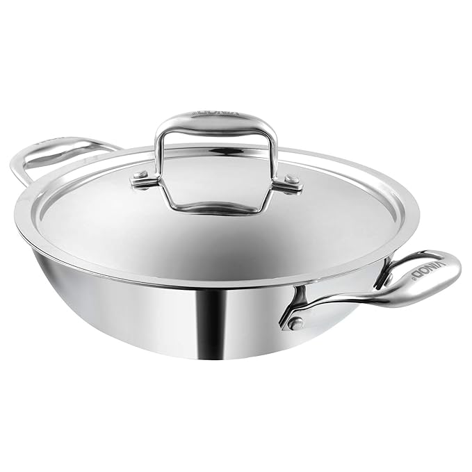 Vinod Platinum Triply Stainless Steel Cookware Kadai With Lid | 3.2 Litres | 26 Cm | 2.5 Mm Thick | 3 Layer Kadhai