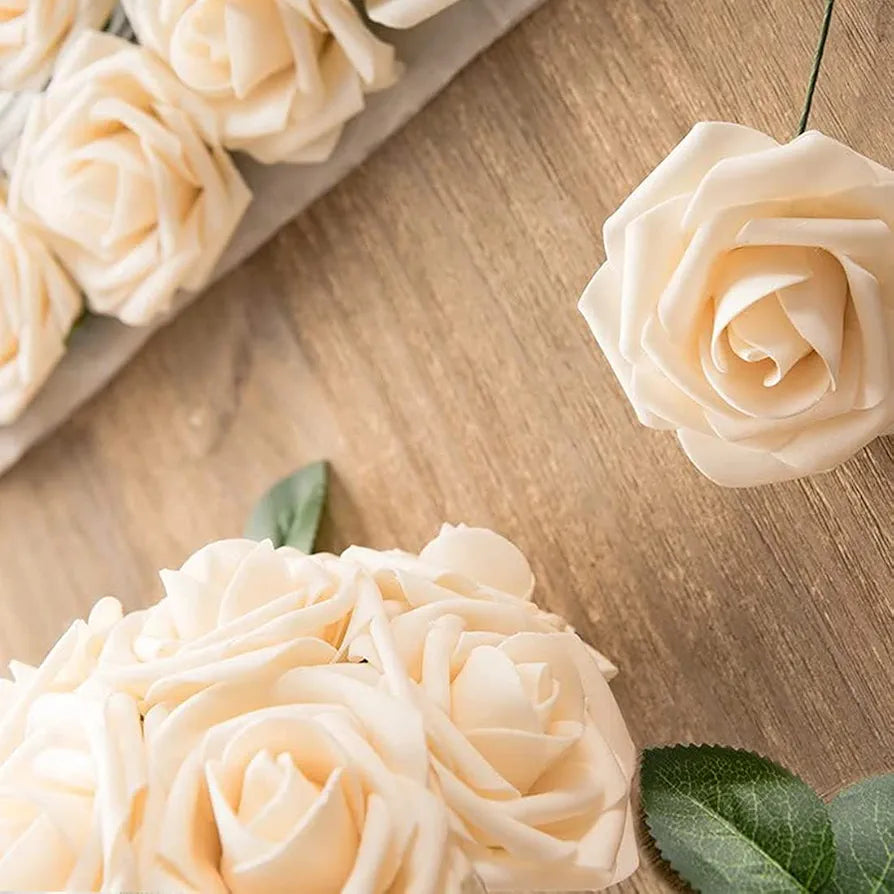 Artificial Flowers Champagne Roses W/Stem Rustic 25pcs Champagne