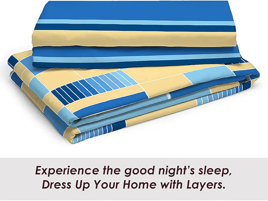 Layers Tivoli Cotton Bedsheet Set for All Seasons Lightweight 104 TC Queen Size Beige/Blue Color