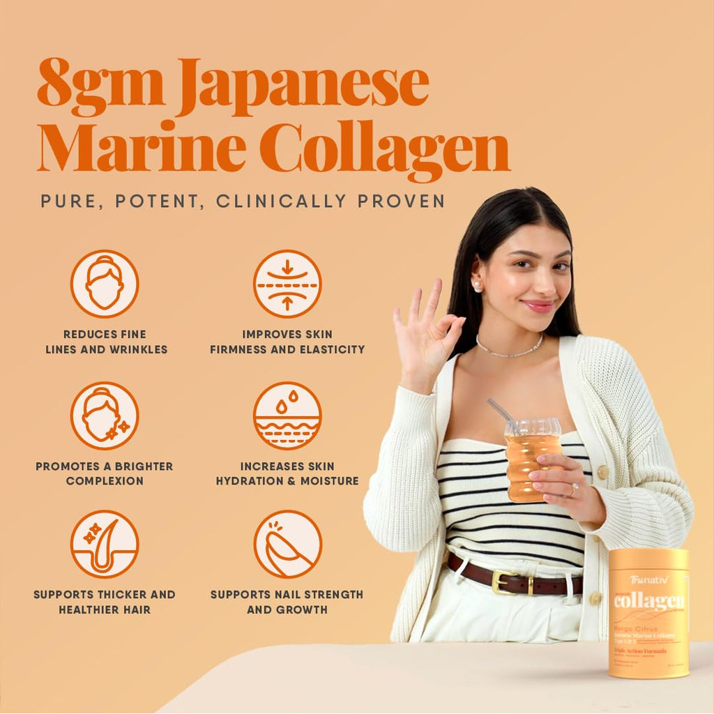 Trunativ Collagen Supplements | Advanced Japanese Marine Collagen Powder for Women & Men | Type 1 and 3 Hydrolyzed Peptides | Supplement with Hyaluronic Acid | Supports Skin Glow, Hair Growth, and Nail Strength | Mango Citrus (200g)