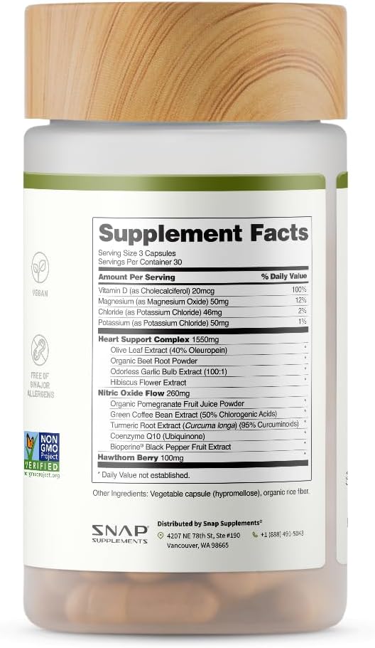 Snap Supplements Heart Health Support Supplement - Botanical Support for Heart Health, Healthy Circulation, and Nitric Oxide Levels, 30-Day Supply, 90 Capsules (Packaging May Vary)