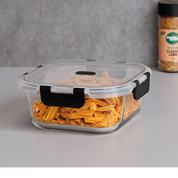 Femora Borosilicate Square Glass Container With Dectahable & Break Free Lid | Black Color | 300 Ml | Set of 2