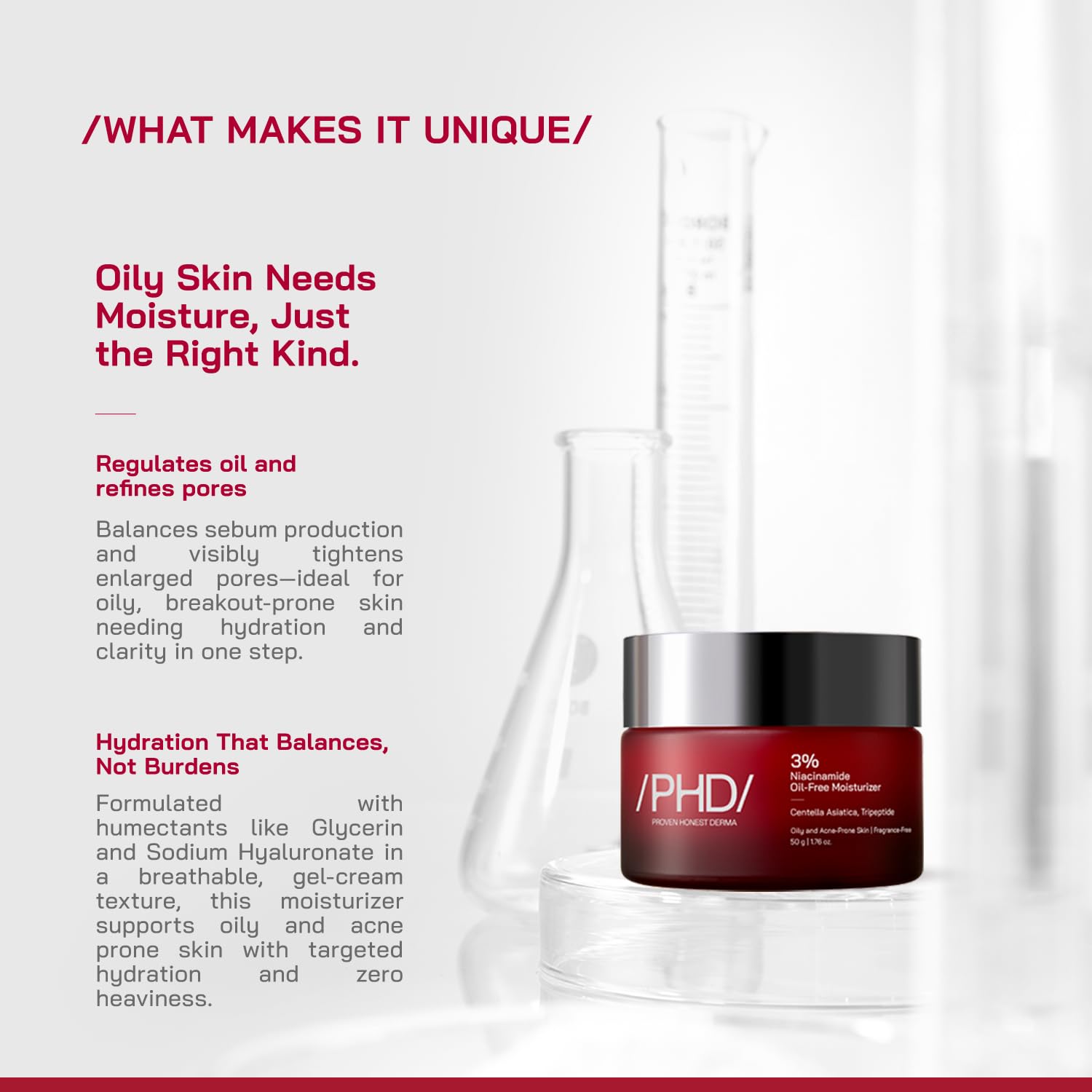 /PHD/ 3% Niacinamide Oil-Free Moisturizer | Face Moisturizer for Oily & Acne-Prone Skin | Lightweight Gel for Men & Women with CICA & Tripeptide | Hydrates & Controls Oil | 50 g