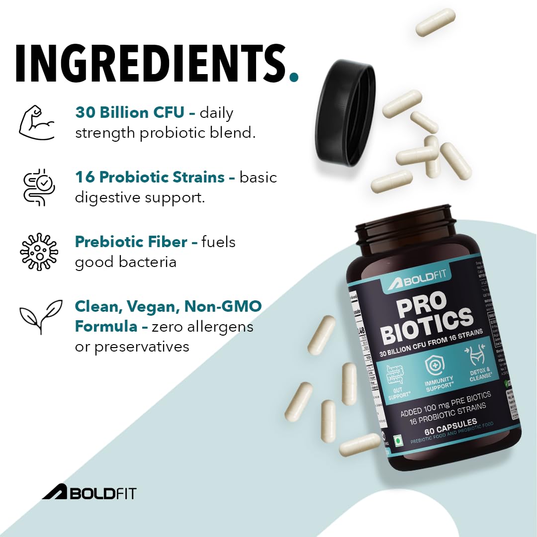 Boldfit Probiotics 30 Billion CFU with 16 Strains and Prebiotics for Gut Cleanse Detox Digestive Health Bloating Relief Constipation Probiotic Supplement for Men and Women Supports Immunity Booster - 60 Veg Capsules