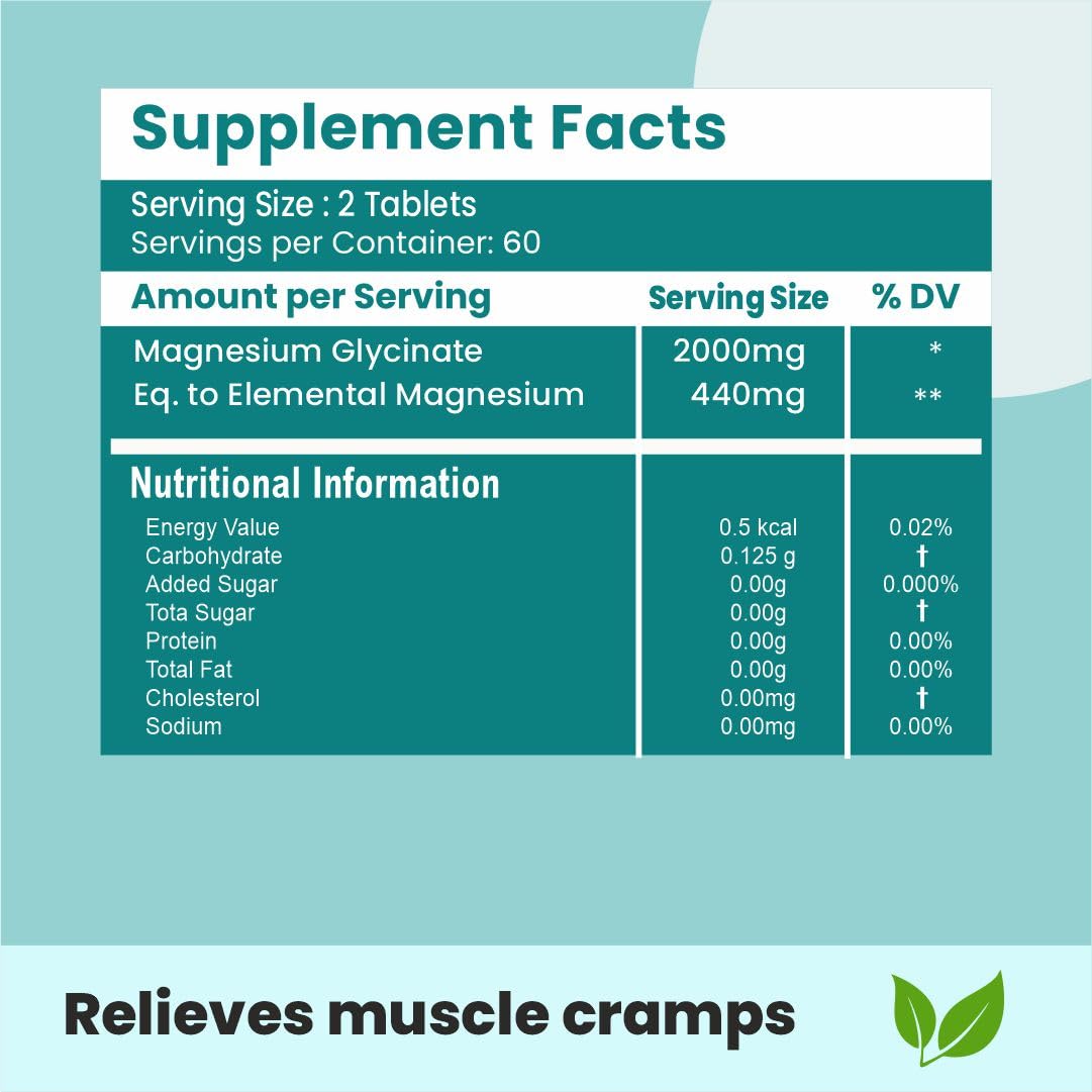 Pure Magnesium Glycinate - Maximum Strength Chelated Magnesium Supplement for Women and Men for Muscle Cramps, Sleep Support and Nerve Health- 2000mg Per Serving, 120 Vegetarian Tablets