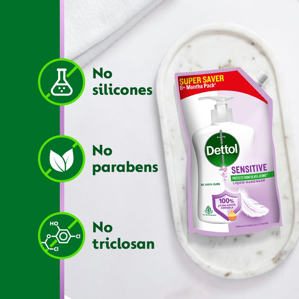 Dettol Liquid Hand wash Refill, Sensitive, 675ml | pH Balanced | 10x Better Germ Protection