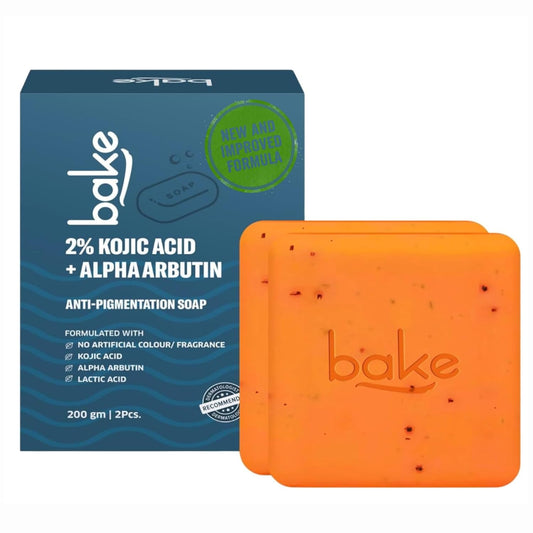 BAKE 2% Kojic Acid Scrub Treatment Soap (200 Gms, 2 Pcs) for Pigmentation, Dark Spots & Tan Removal | Brightens Underarms, Knees & Elbows | With Alpha Arbutin, Niacinamide & MelasaRxâ„¢ Complex | For Men & Women - 100g x 2